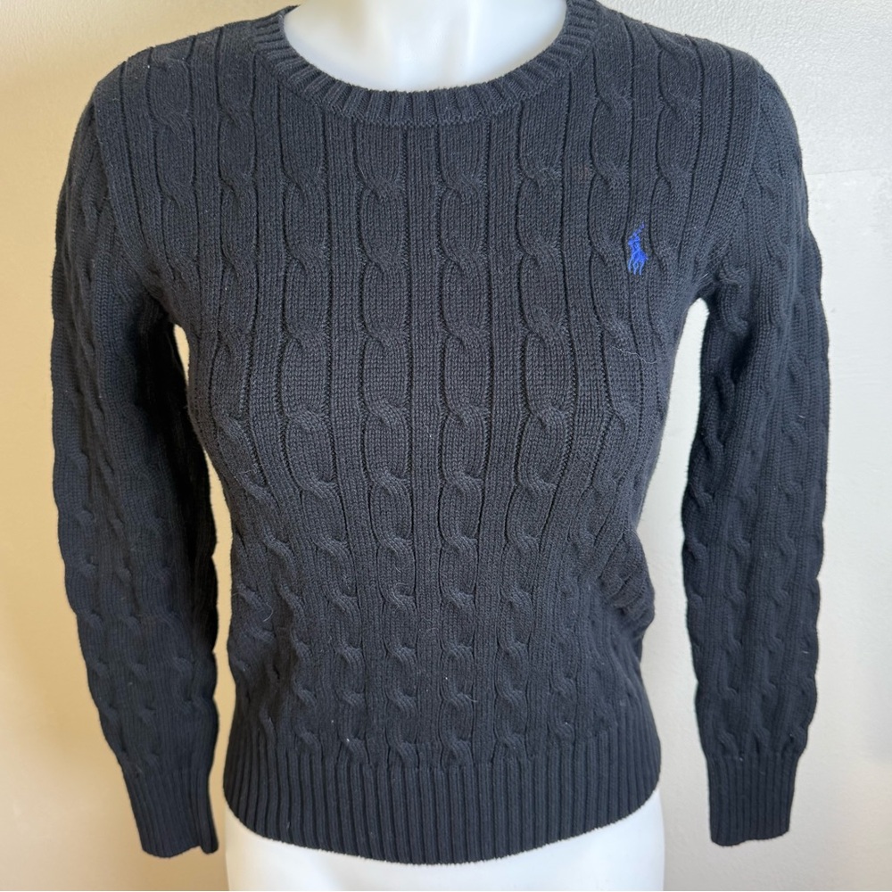 Polo Ralph Lauren M Cable Knit Sweater Black Crew Neck Blue Pony Logo 10-12